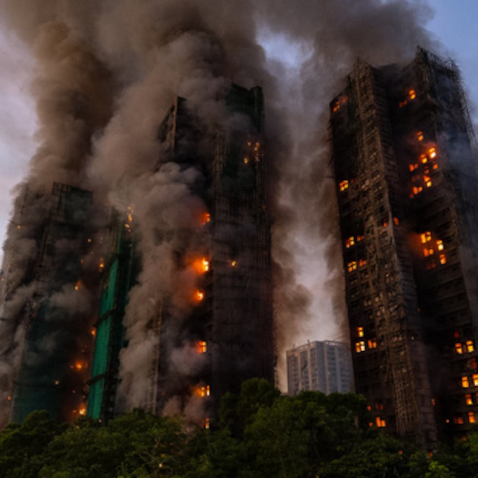 Humo elevándose de un incendio en Wang Fuk Court un complejo residencial en el distrito de Tai Po en los Nuevos Territorios de Hong Kong.