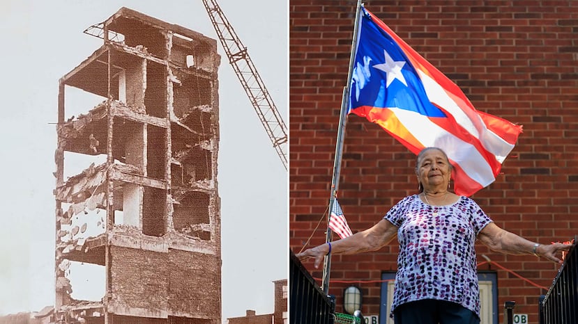 A la izquierda, a principios de los años 70, derrumbaron edificios deteriorados para reconstruir a Villa Victoria. A la derecha, en 2023, Petra Maldonado Burgos, natural del pueblo de Las Piedras, vive en esta comunidad de Boston desde hace 25 años.