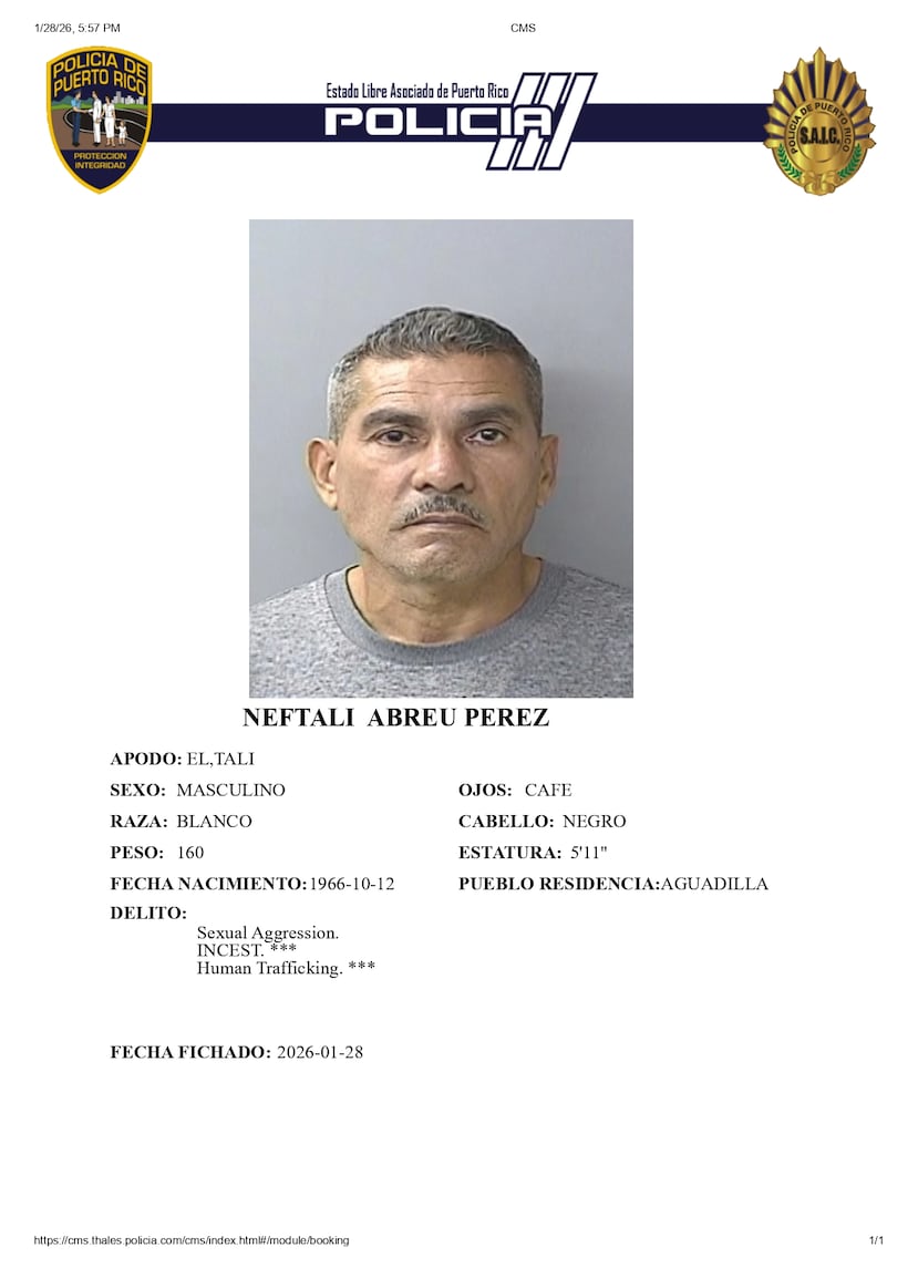 Ficha policiaca de Neftalí Abreu Pérez quien fue arrestado por presuntos actos de agresión sexual y trata humana contra una menor de edad en 2019.