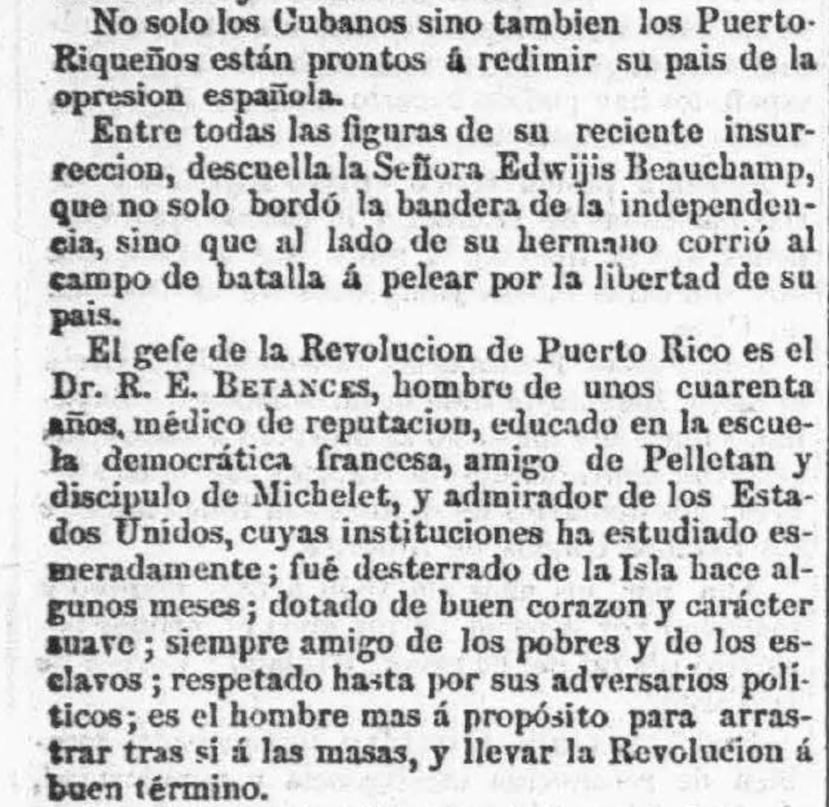 Extracto del Boletín de la Revolución de Nueva-10 de diciembre de 1868 donde se establece que Eduviges Beauchamp es la creadora de la Bandera.