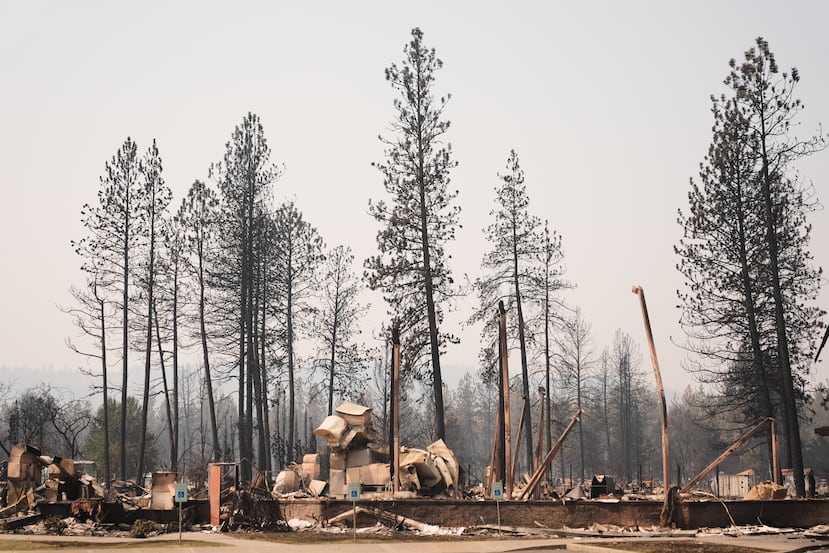 Árboles calcinados se alzan sobre los restos de la iglesia Riverside Real Life el martes 4 de agosto de 2026, tras un incendio forestal que azotó la zona norte de Spokane, Washington. (Foto AP/Lindsey Wasson)