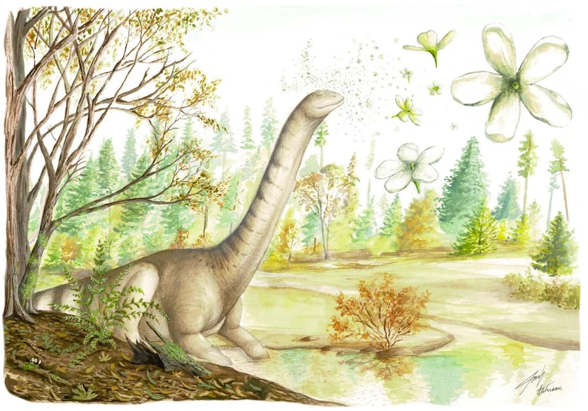 Reconstrucción de posible habitat ambiental donde se encontró el fósil. Arte realizado por Ema Antonena.