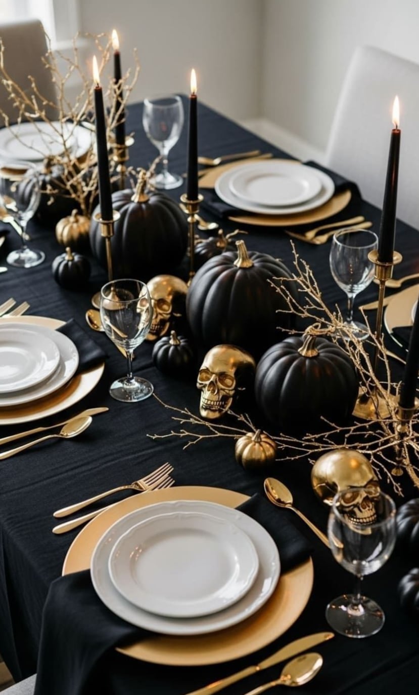 Las calabazas se utilizan, pero se pintan de negro mate, blanco o plateado, o se eligen variedades menos comunes de formas irregulares.