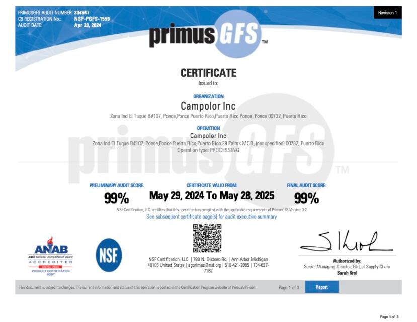 Certificación de PrimusGFS, que avala la calidad de la preparación y procesamiento de los alimentos