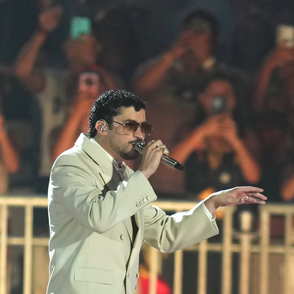 Bad Bunny performs in concert at the Allianz Parque stadium in São Paulo.