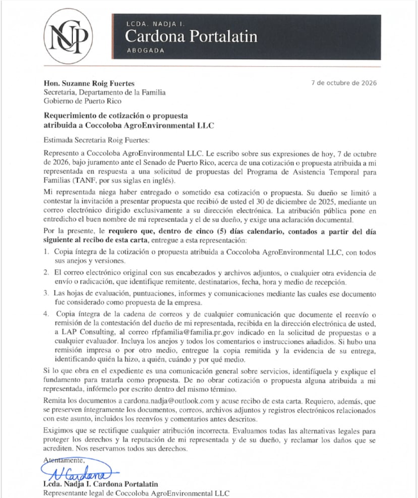 Carta de la abogada de la empresa de Coccoloba, Nadja Cardona, dirigida a la secretaria de la Familia, Suzanne Roig