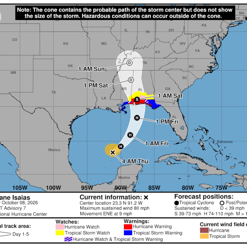 Trayectoria del huracán Isaías, de acuerdo con el boletín del Centro Nacional de Huracanes del jueves, 8 de octubre, a las 4:00 a.m.