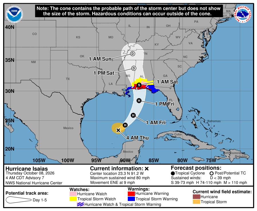 Huracán Isaías se dirige hacia las costas de Florida, Alabama y Mississippi
