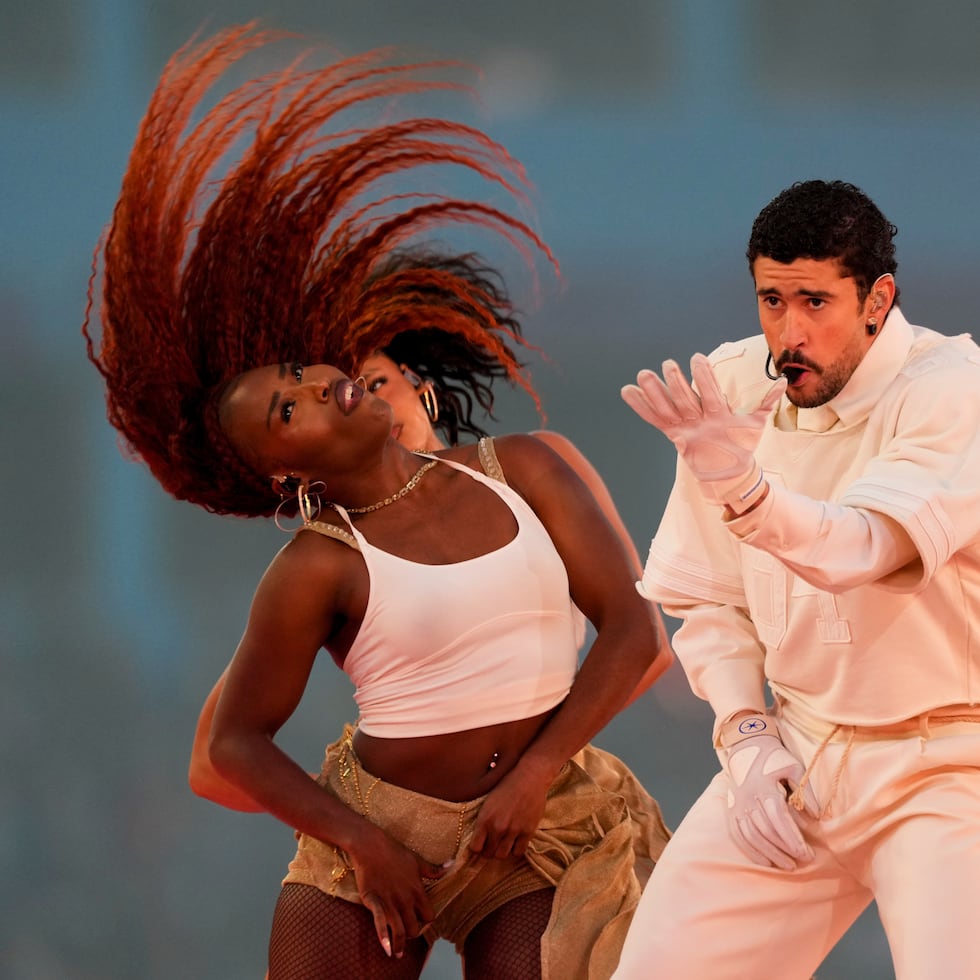 Bad Bunny performs during halftime of the NFL Super Bowl 60 football game between the New England Patriots and the Seattle Seahawks, Sunday, Feb. 8, 2026, in Santa Clara, Calif. (AP Photo/Morry Gash)