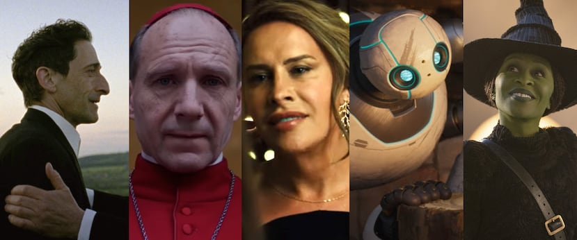 De izquierda a derecha: imágenes de las películas "The Brutalist", "Conclave", "Emilia Pérez", "The Wild Robot" y "Wicked", nominadas al premio de Mejos banda sonora en los premios Oscar del 2025.