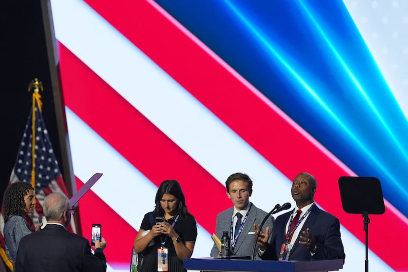Sen. Tim Scott, R-S.C., goes through a rehearsal at the Republican convention Wednesday, Sept. 9, 2026, in Dallas. (AP Photo/Alex Brandon)