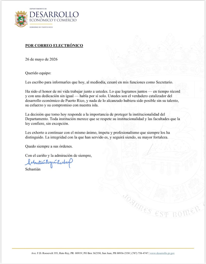 Sebastían Negrón les notificó a su personal del DDEC