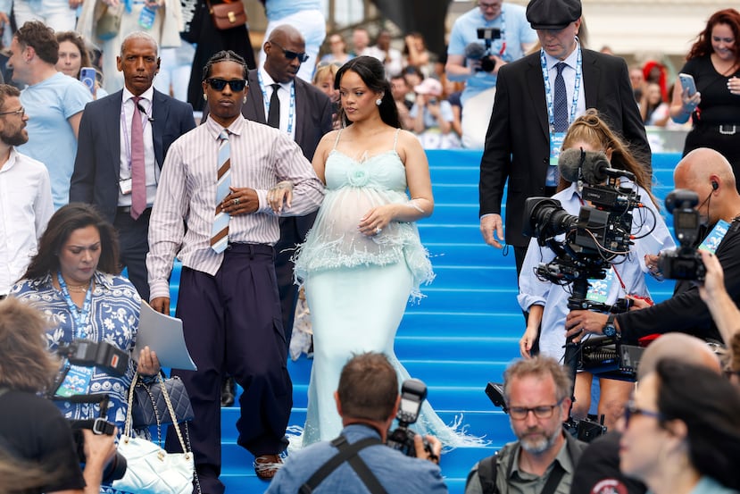 A $ AP Rocky and Rihanna during the Premier of "SMURFS".