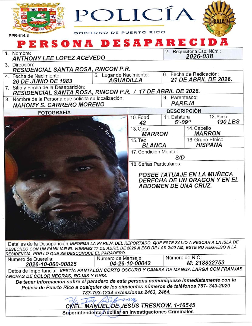 Requisitoria especial de Anthony Lee López Acevedo, un pescador desaparecido desde el 16 de abril.