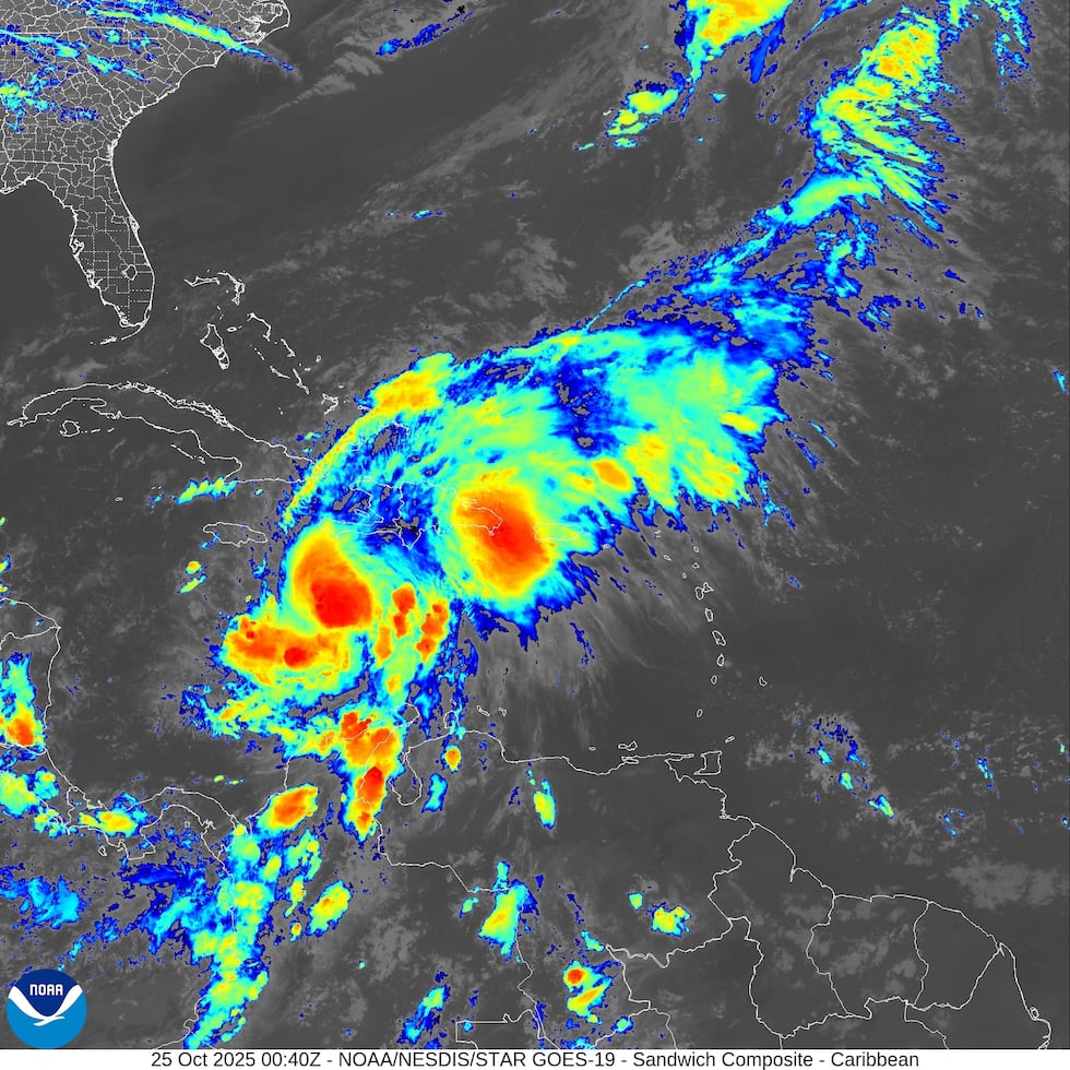 Imagen en el espectro infrarrojo del satélite GOES-19 de la tormenta tropical Melissa.