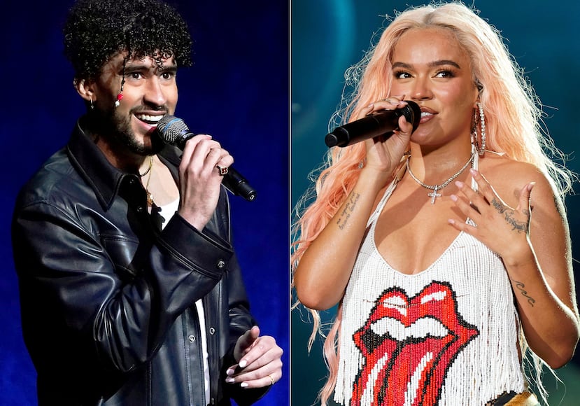 Bad Bunny en CinemaCon 2022 en Las Vegas el 25 de abril de 2022, izquierda, y Karol G en Lollapalooza en Chicago el 3 de agosto de 2023. Bad Bunny y Karol G fueron de los artistas más escuchados de 2024 en Spotify. (Foto AP)