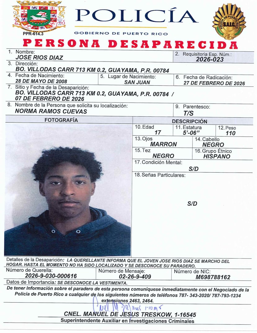José Ríos Díaz, de 17 años, fue reportado desaparecido por la trabajadora social que lleva su caso desde el 7 de febrero de las instalaciones del centro, ubicado en la carretera PR-713, del sector Villodas, en Guayama, donde se encontraba internado.