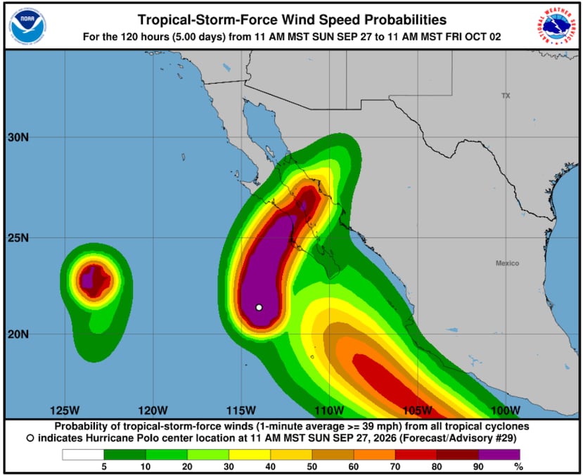 Mapa del Centro Nacional de Huracanes muestra las probabilidades de vientos con fuerza de tormenta tropical asociadas al huracán Polo durante los próximos cinco días.