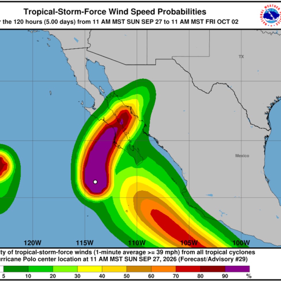 Mapa del Centro Nacional de Huracanes muestra las probabilidades de vientos con fuerza de tormenta tropical asociadas al huracán Polo durante los próximos cinco días.