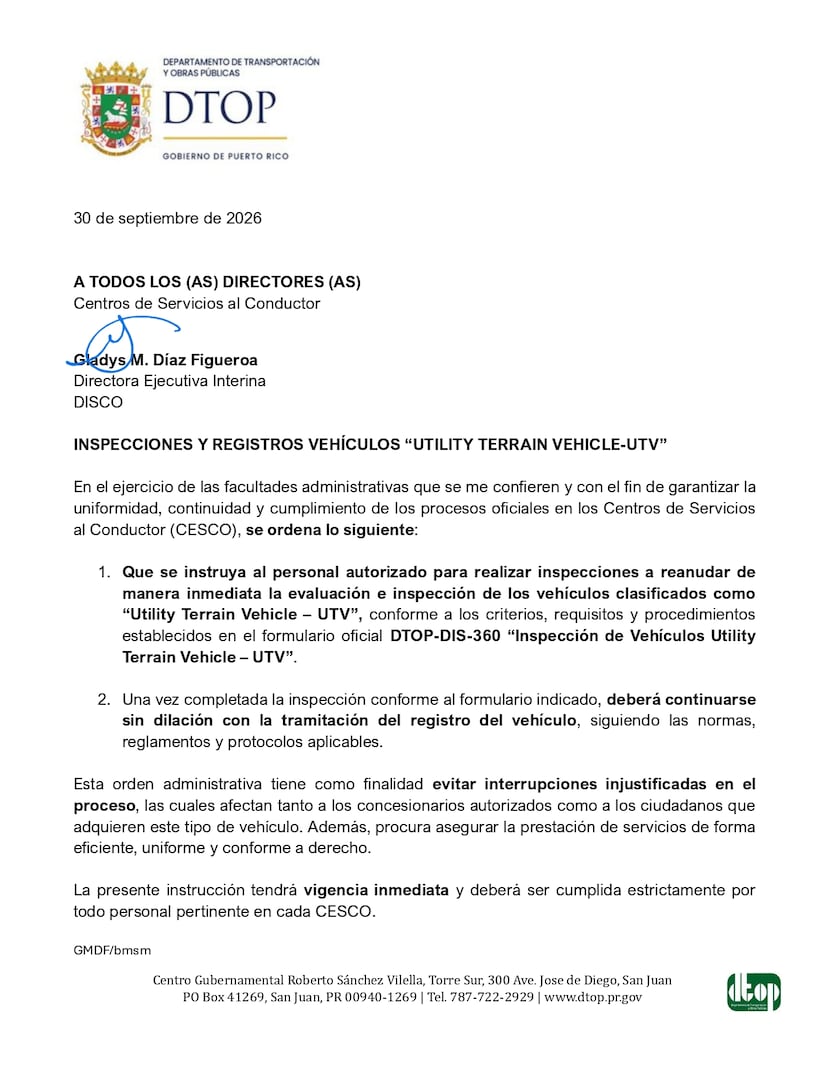Orden administrativa del DTOP sobre vehículos todoterreno.