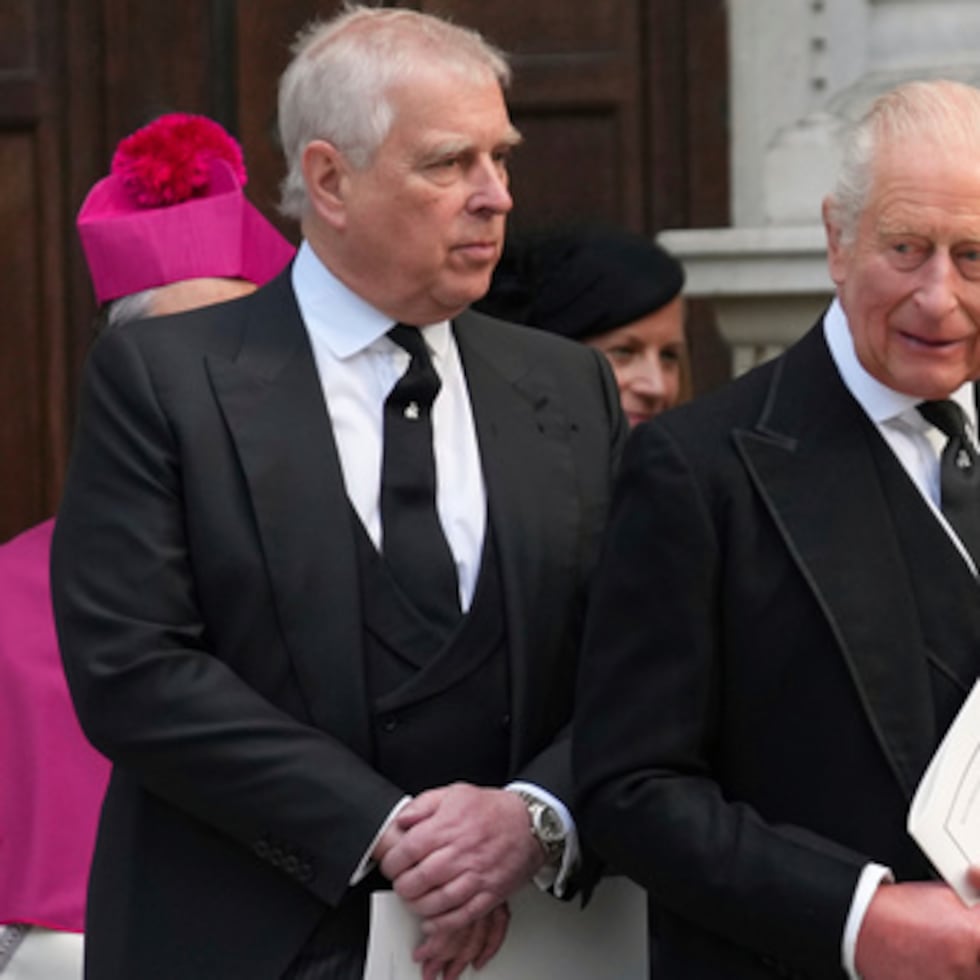 FILE - Britain's Prince Andrew, left, and Britain's King Charles III leave after the Requiem Mass service for the Duchess of Kent at Westminster Cathedral in London, Tuesday, Sept. 16, 2025. (AP Photo/Joanna Chan, File)