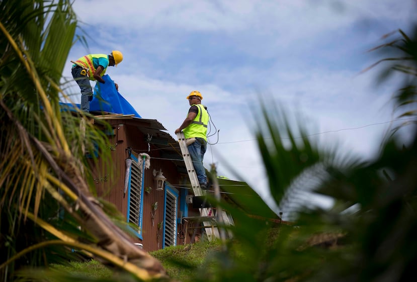 En la foto, puertorriqueños contratados por FEMA trabajan en la colocación de toldos azules en la comunidad de San Lorenzo.