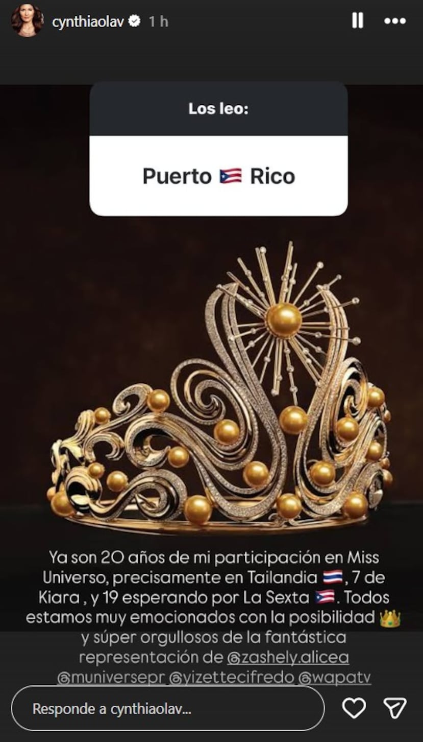 Publicación de Cynthia Olavarría previo a la final de Miss Universe 2025.
