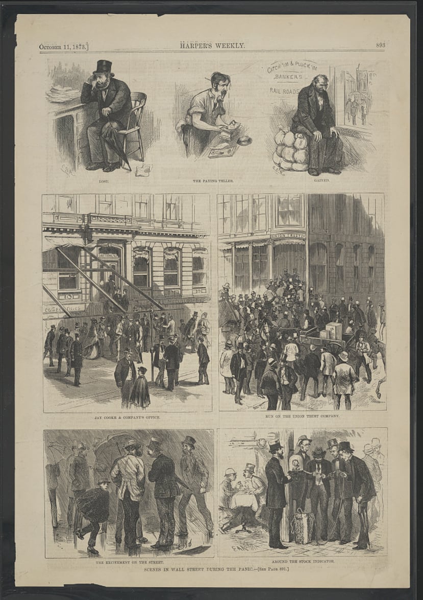 Escenas en Wall Street durante el pánico. Publicado por la Union Trust Company (Harper's Weekly, 1873).