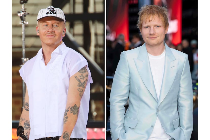 El artista Macklemore aparece en la serie de conciertos de verano del programa "Good Morning America" de la cadena ABC en Central Park, Nueva York, el 22 de julio de 2022 (izquierda), y Ed Sheeran aparece en el estreno de la película "F1 The Movie" en Londres el 23 de junio de 2025. (Foto AP)