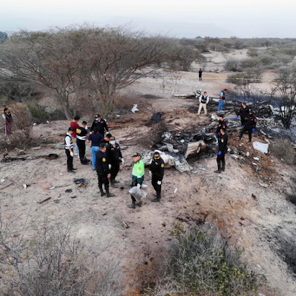 La policía inspecciona los restos de un avión que se estrelló durante un vuelo turístico sobre las Líneas de Nazca, en Perú.
