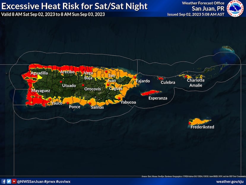 Mapa que muestra los niveles de riesgo por calor para Puerto Rico durante el 2 de septiembre de 2023. El anaranjado es riesgo elevado y el rojo representa riesgo significativo.