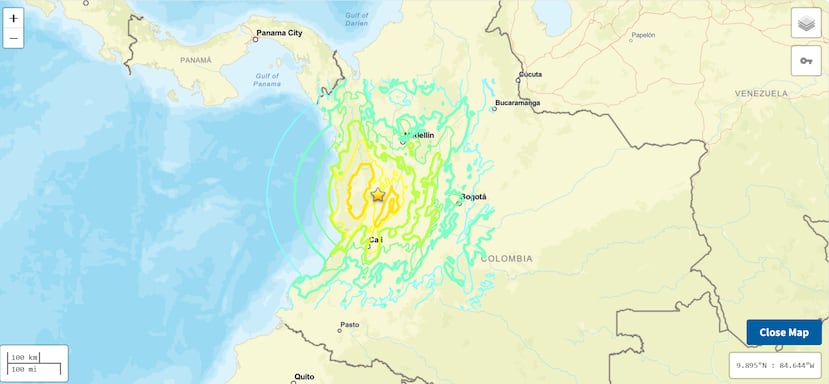 La estrella en el mapa muestra el epicentro del sismo ocurrido el lunes, 10 de agosto de 2026 en Colombia.