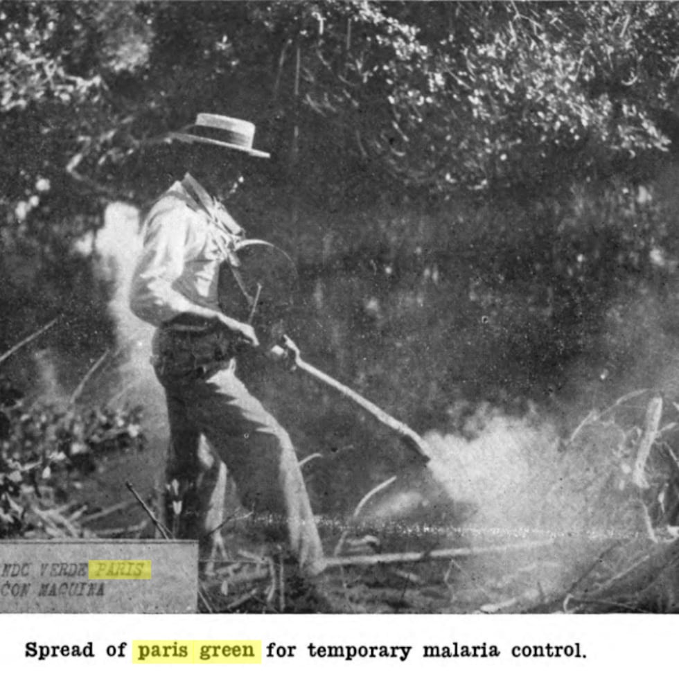 El verde de París también se aerosolizaba con unas máquinas especiales para controlar los mosquitos del género “Anopheles”, vectores del parásito que produce la malaria.