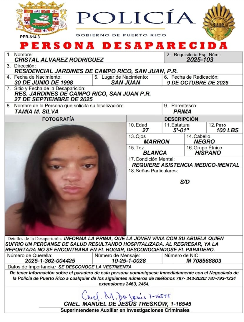 Cristal Álvarez Rodríguez, de 27 años y residente en el residencial Jardines de Campo Rico, desapareció del apartamento que compartía con su abuela.