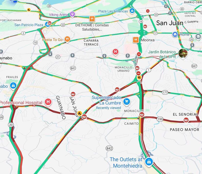 El mapa de una aplicación digital muestra en rojo las vías con tapón en la zona de San Juan.
