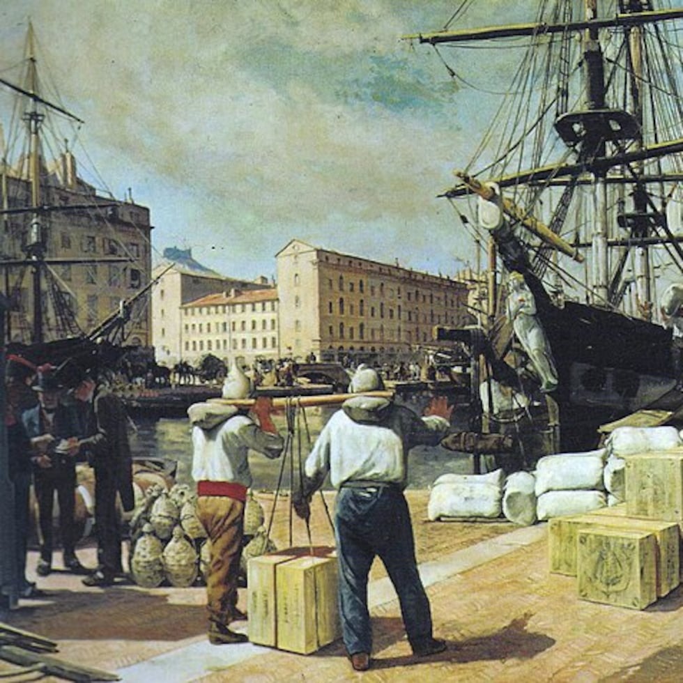 "Descargando un bergantín en Marsella", 1876 oleo sobre lienzo, Alphonse Moutte. Se estima que, entre finales del Siglo XVIII y principios del XIX, al menos 3,000 nacionales franceses llegaron a Puerto Rico.