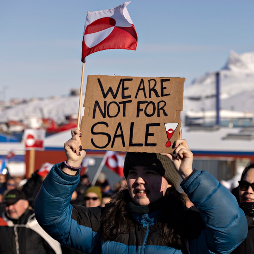 People take part in a march ending in front of the US consulate, under the slogan, Greenland belongs to the Greenlandic people, in Nuuk, Greenland, Saturday March 15, 2025. (Christian Klindt Soelbeck/Ritzau Scanpix via AP)