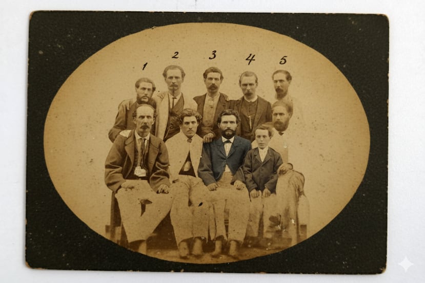 Líderes de la insurrección de Lares. De pie y de izquierda a derecha: Aurelio Méndez Martinez, Manuel Ramírez Medina, Ramón Batiistini Acevedo, Clemente Millán, Andrés Pol. Sentados, de izquierda a derecha: Manuel Rojas, Francisco Santana Martínez, Gerardo Méndez, Francisco Ramírez Medina y el niño Virgilio Ramírez.