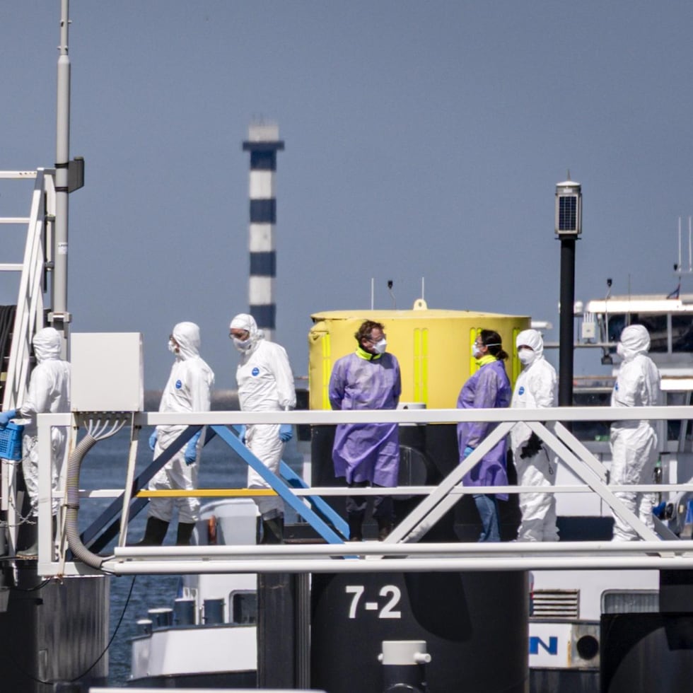 Personal del Erasmus MC con trajes blancos aborda el crucero MV Hondius afectado por hantavirus tras llegar al puerto de Rotterdam, en Países Bajos.