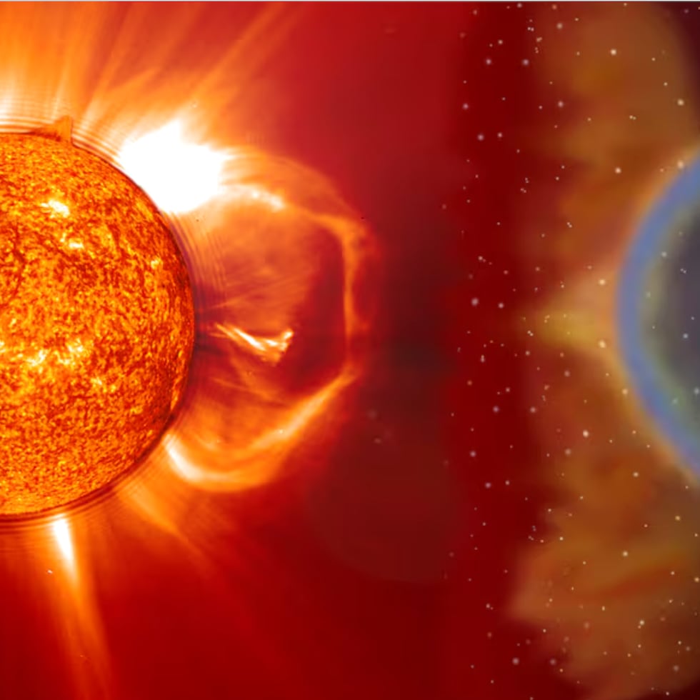 Una tormenta solar ocurre cuando las partículas expulsadas por el Sol golpean el campo electromagnético de la Tierra.