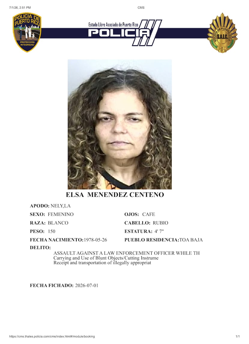 La Fiscalía de Bayamón radicó cargos por agresión grave, amenaza y portación de un arma blanca contra Elsa Menéndez Centeno, de 48 años y residente en la calle Paseo Arpa de Levittonw.