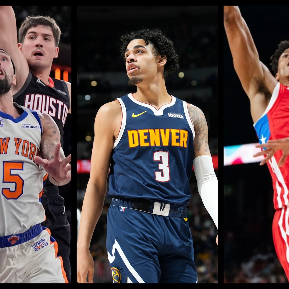 De izquierda a derecha, José Alvarado, Julian Strawther y Enrique Freeman, quienes pertenecen a los Knicks de Nueva York, Nuggets de Denver y Timberwolves de Minnesota, respectivamente.