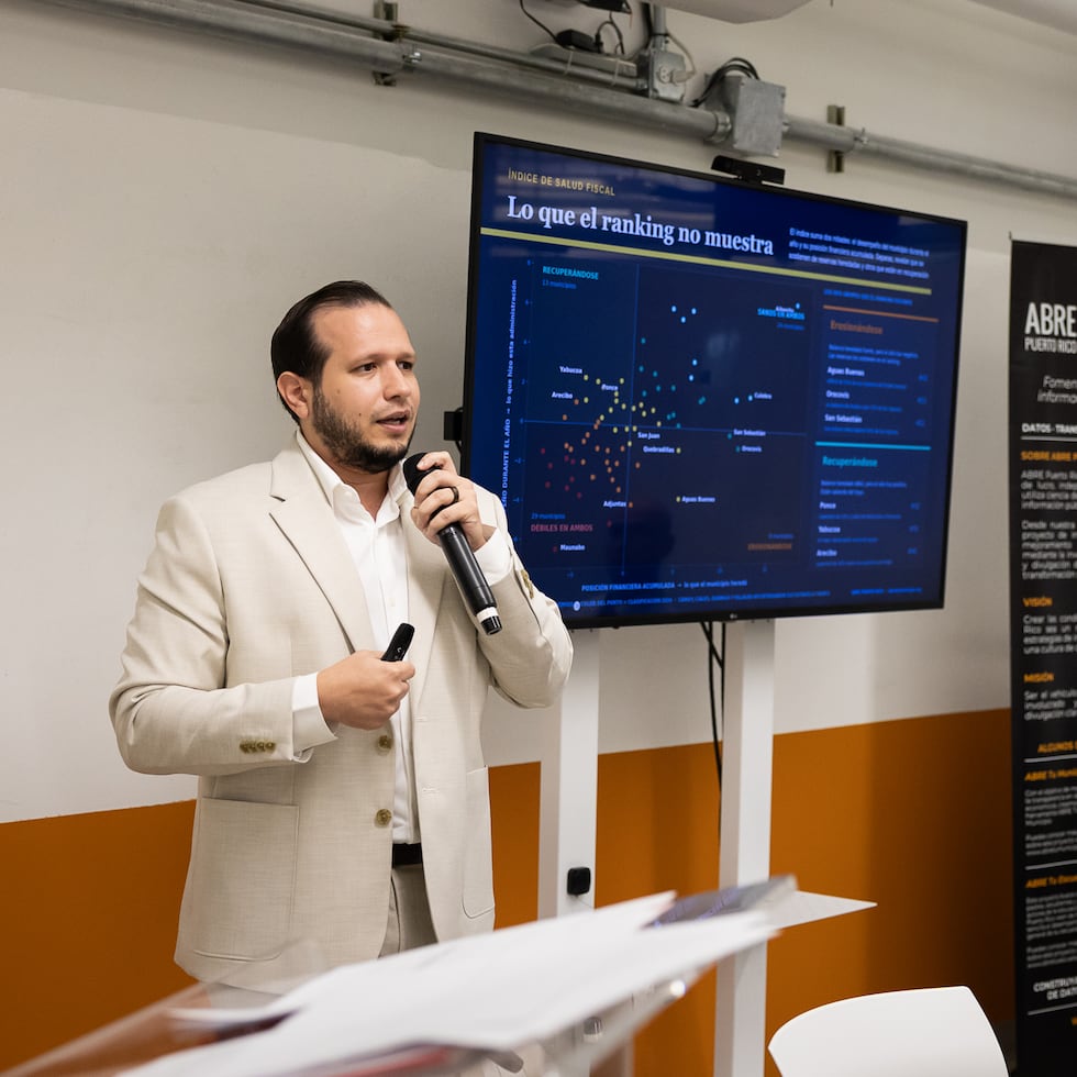Ángel Sierra, director ejecutivo de ABRE Puerto Rico, presenta el Índice de Salud Fiscal Municipal.