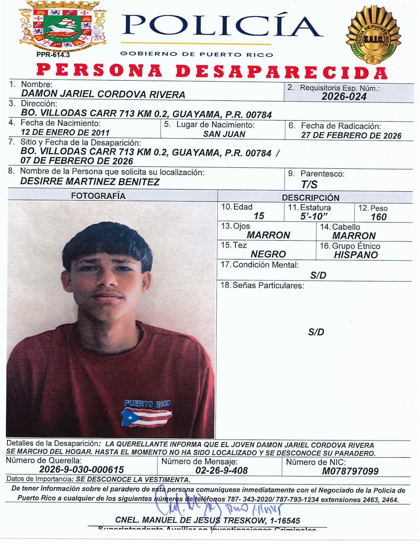 Damon Jariel Córdova Rivera, de 15 años, también fue reportado como desaparecido por su trabajadora social el mismo día, 7 de febrero.
