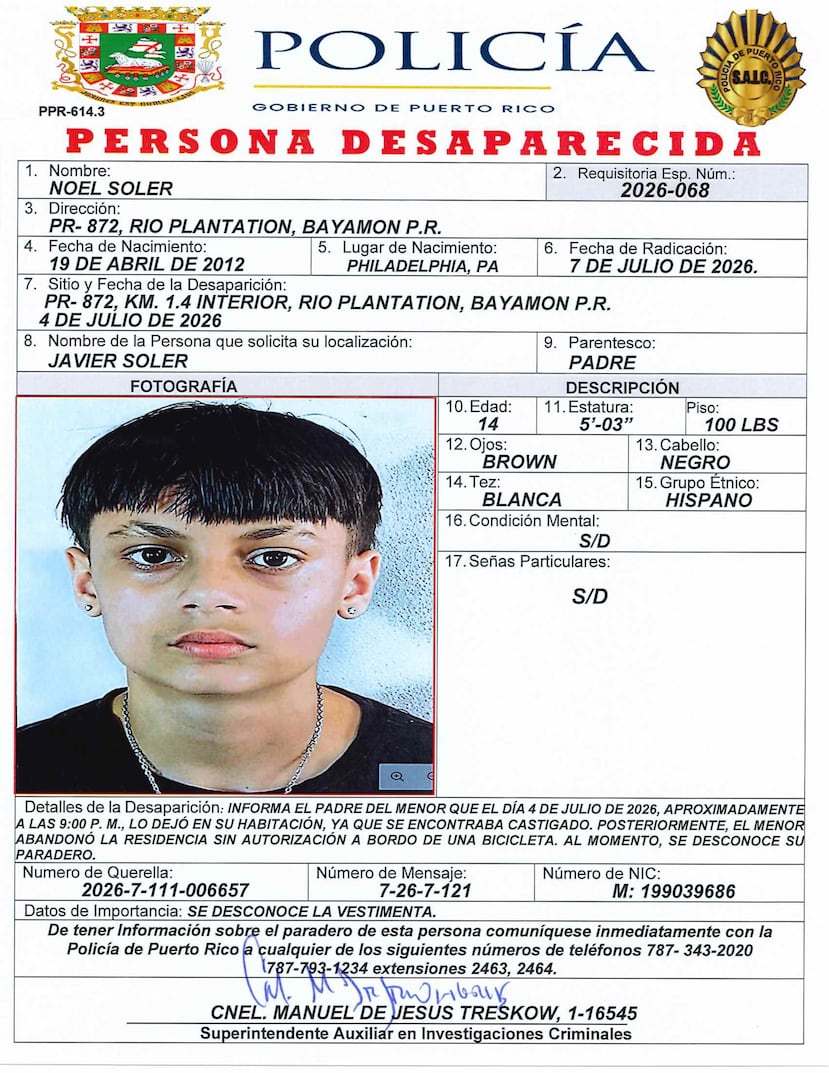 Según indica la requisitoria especial de la Uniformada, Noel Soler fue visto por última vez en los predios de su residencia ubicada en la carretera PR-872, kilómetro 1.4 de la mencionada comunidad. El joven fue reportado por su padre, Javier Soler, quien lo describió como de tez blanca, ojos color marrón, cabello negro, estatura de 5 pies 3 pulgadas y unas 100 libras de peso.