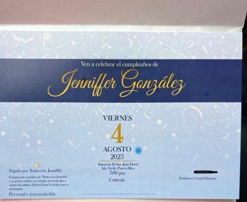 Copia de una invitación al cumpleaños de la comisionada residente Jenniffer González que será este viernes, 4 de agosto, y que obtuvo El Nuevo Día.