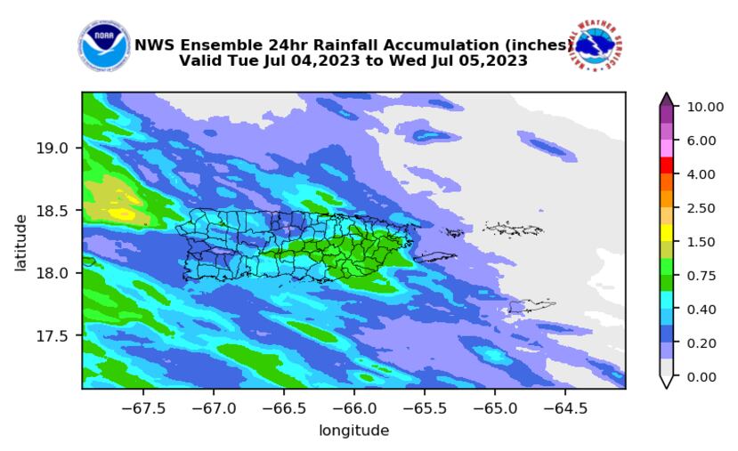 Modelo de precipitación que muestra las acumulaciones preliminares de lluvia que pudieran registrarse el 4 de julio de 2023.