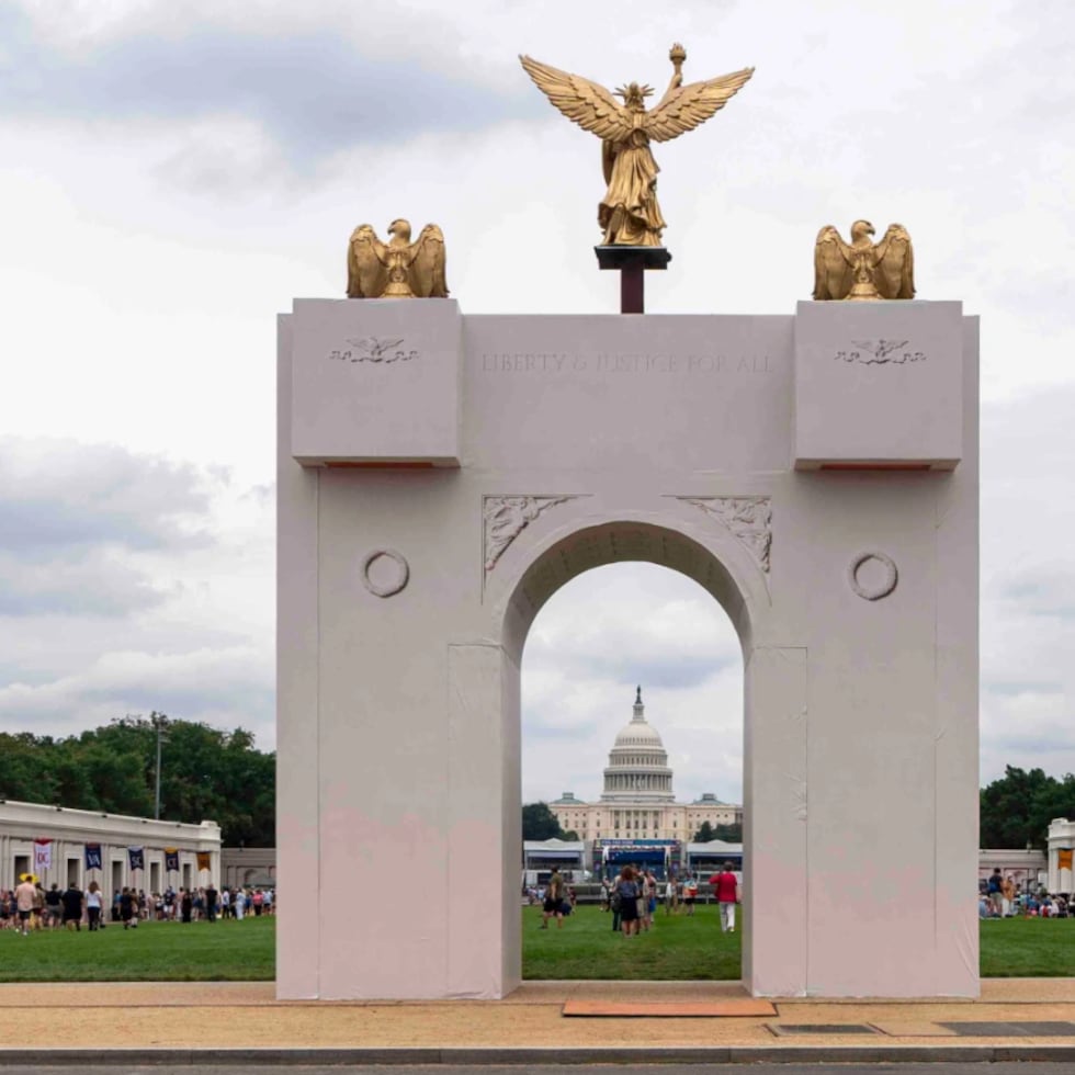 A mockup of President Donald Trump's proposed triumphal arch stands at the Great American State Fair on the National Mall, June 27, 2026, in Washington. (AP Photo/Jen Golbeck, File)