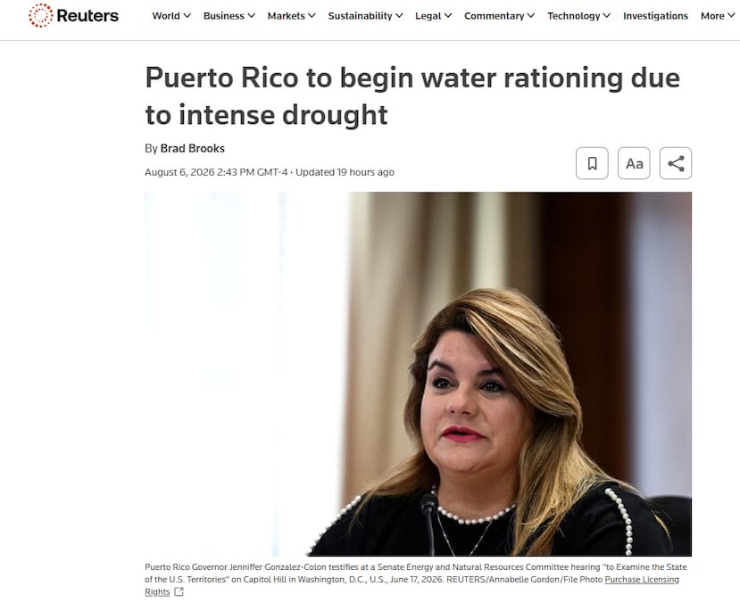 Fotocaptura del reportaje publicado por Reuters sobre la crisis de agua y la implementación del plan de racionamiento en Puerto Rico.