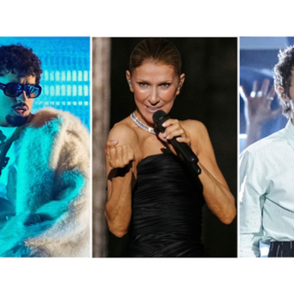 Esta combinación de imágenes muestra a los artistas, de izquierda a derecha: Bad Bunny, Celine Dion y Harry Styles. (Foto: AP)